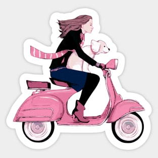 Fun Girl and Dog on Pink Scooter Sticker